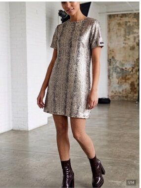 Karlie Sequin Snake Print Shift Dress in Neutral Tones Size Medium
